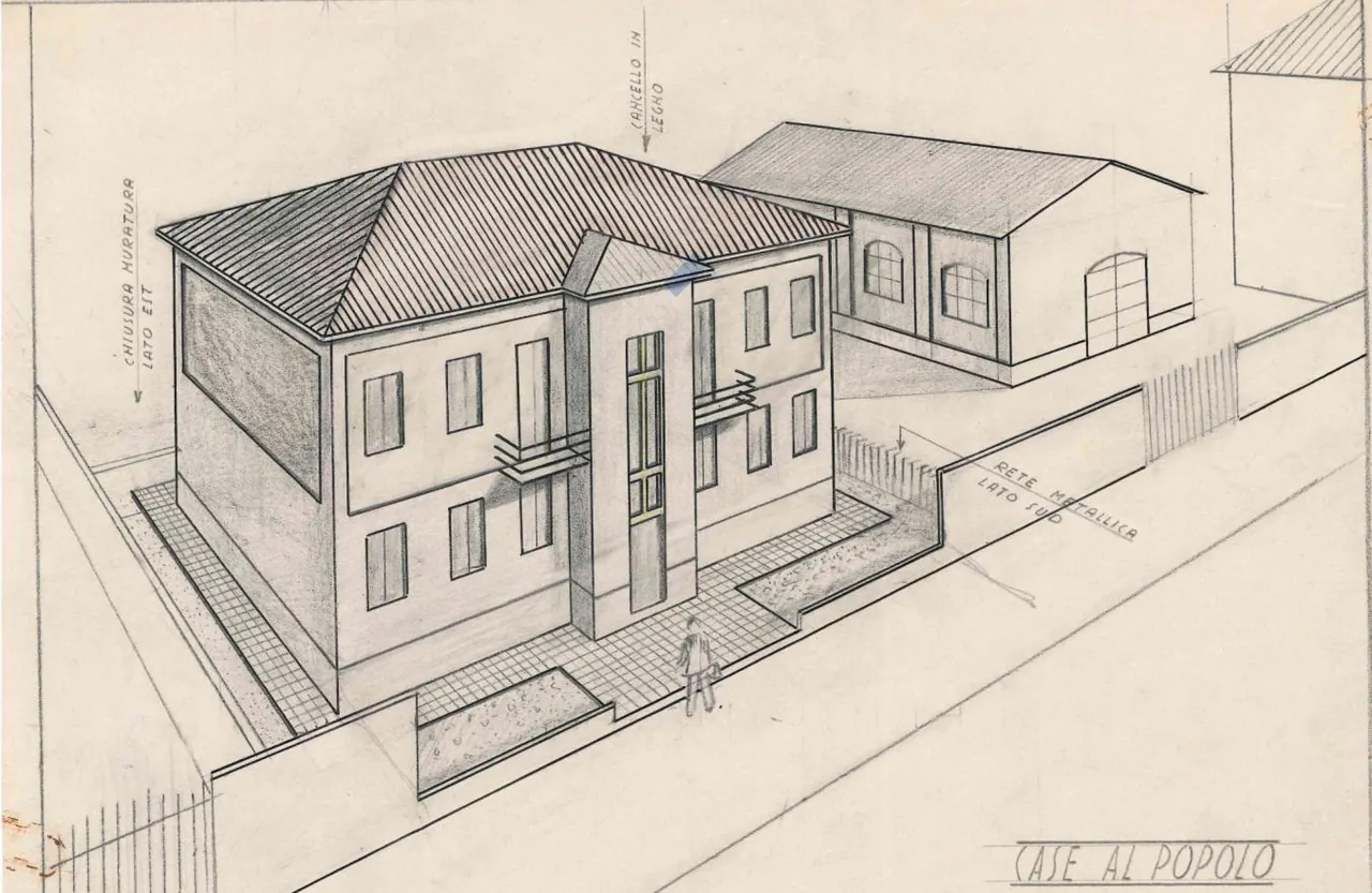 Assonometria del progetto originale della palazzina, 1948