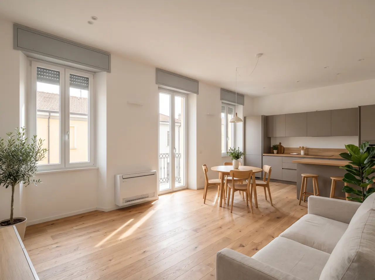 Soggiorno con cucina open space di un alloggio riqualificato, immagine indicativa